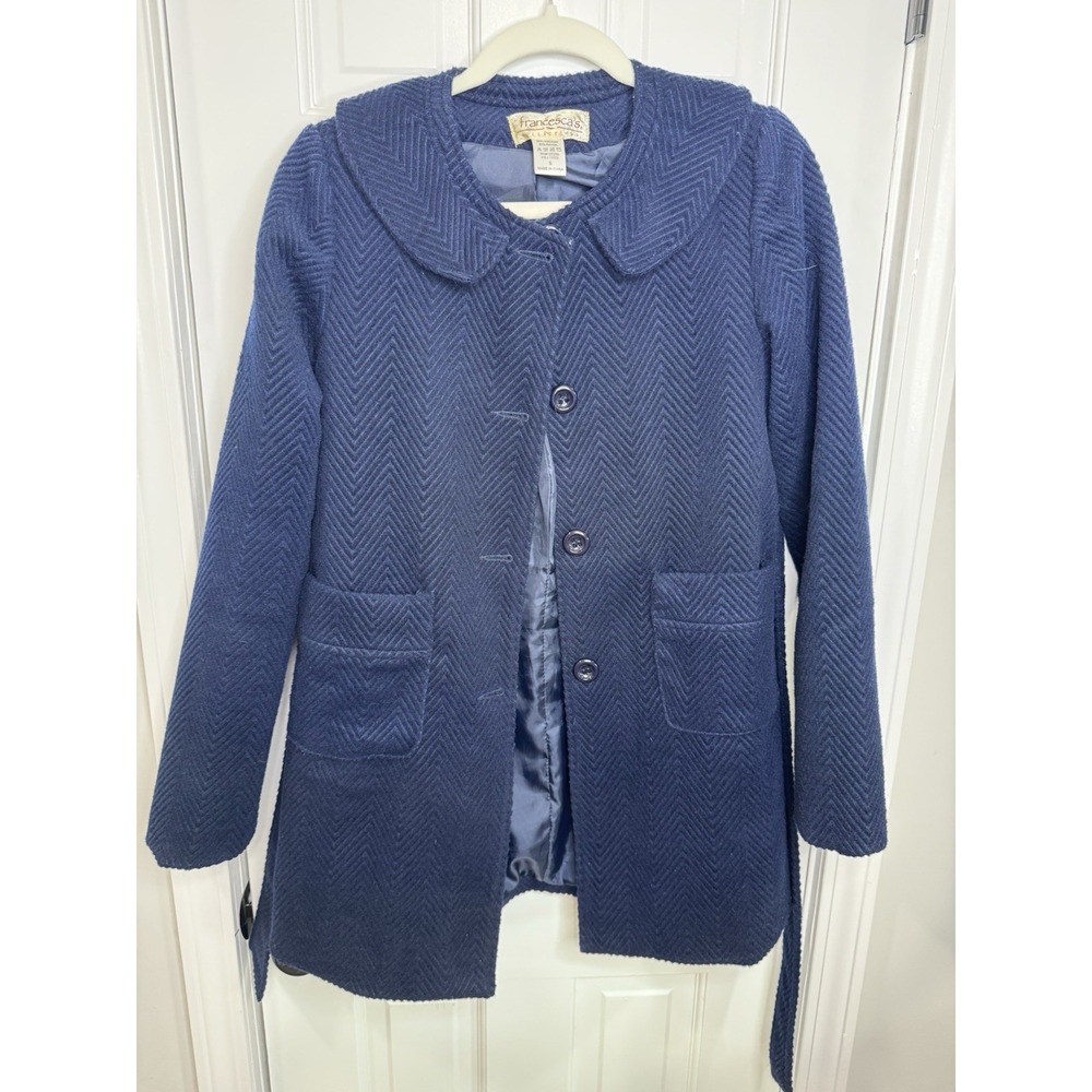 Francesca's Collection Blue Herringbone Coat Womens Small Peter Pan Collar Belt